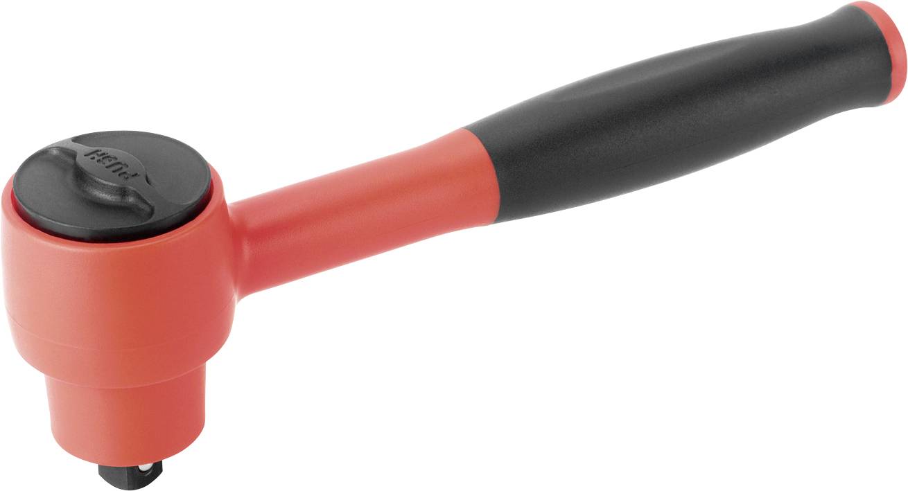 Rotes und schwarzes Handwerkzeug mit langem Griff und rundem Steckerkopf, gezeigt auf weißem Hintergrund.