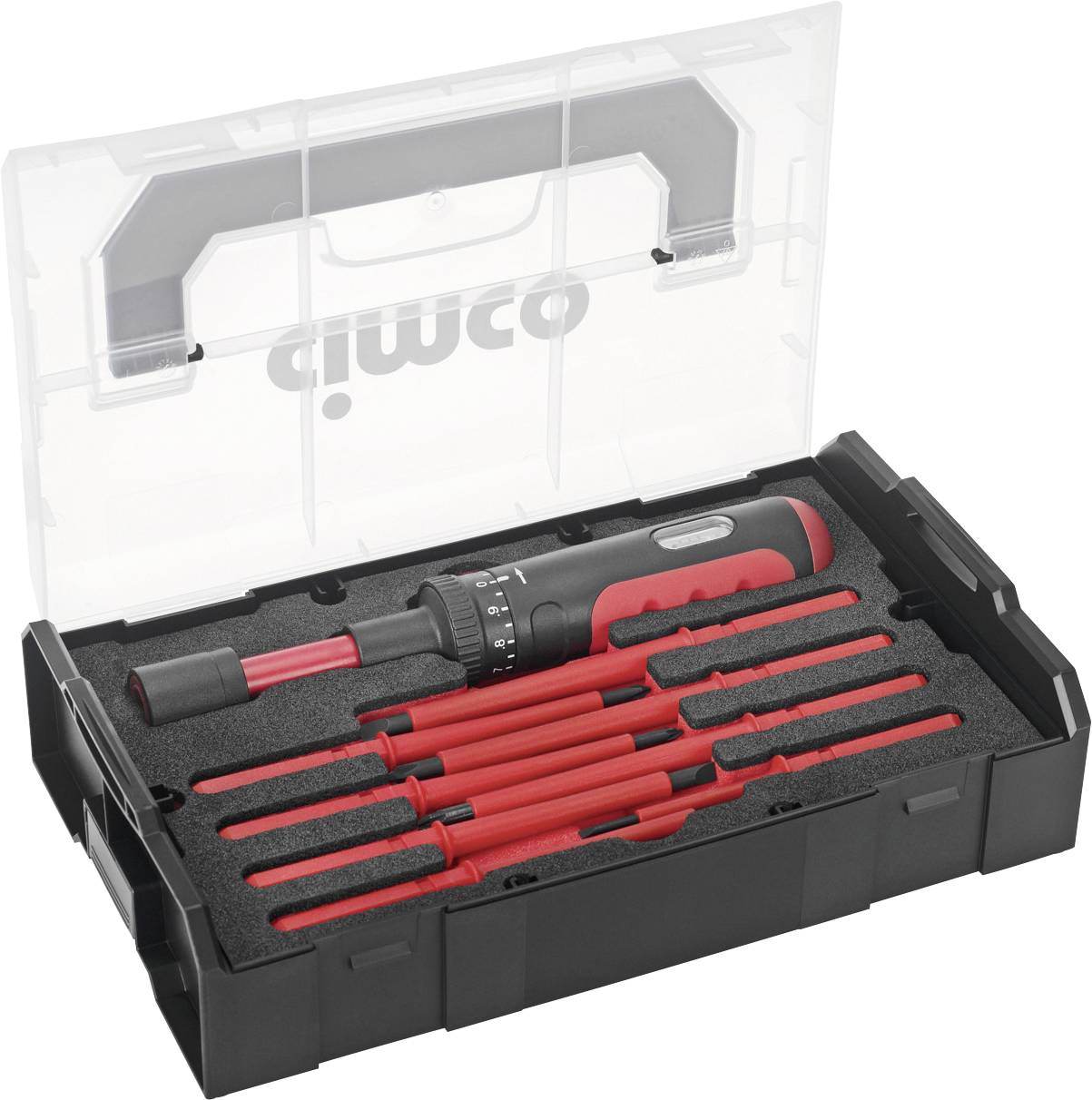 Clwco Schraubendreher und Wechselbit-Set in einem schwarzen schaumstoffgepolsterten Aufbewahrungskoffer mit durchsichtigem Deckel.