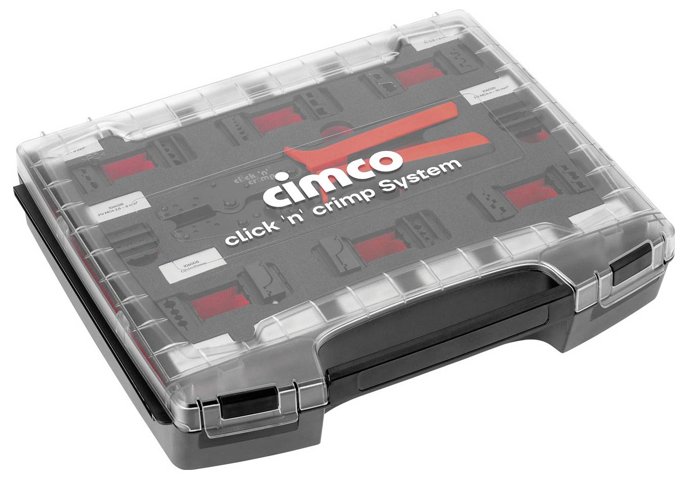 Transparente Kunststoffbox mit einem Cimco Click 'n Crimp System Kit mit roten und schwarzen Werkzeugeinsätzen.