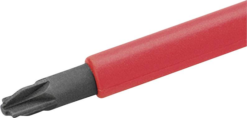 Nahaufnahme eines Phillips-Schraubenziehers mit rotem Griff auf weißem Hintergrund, diagonal angewinkelt.
