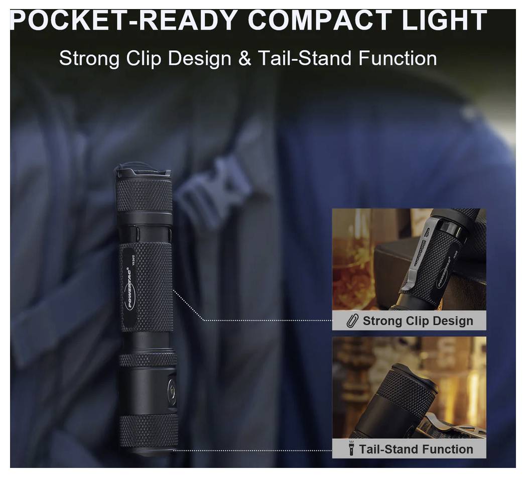 Werbebild einer taschenfreundlichen, kompakten Leuchte, die an einer Jacke befestigt ist, mit Hervorhebung des robusten Clip-Designs und der Stativfunktion am Ende mit vergrößerten Detailansichten.