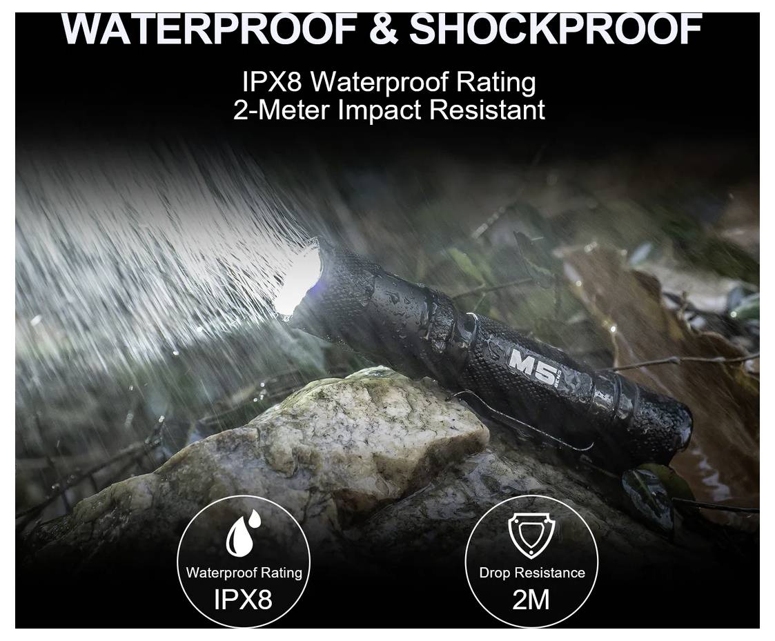 Werbegrafik einer Taschenlampe, die von Wasser auf Felsen besprüht wird, mit Hervorhebung von „WASSERDICHT & STOSSFEST