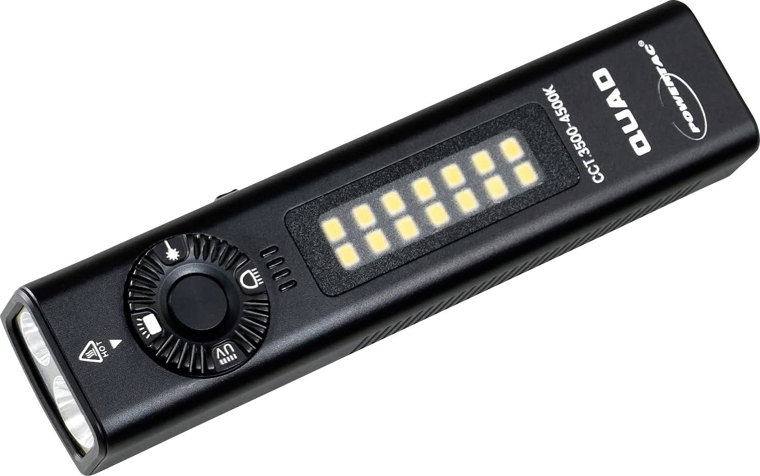 Schwarze aufladbare LED-Taschenlampe mit seitlichem Lichtpanel und Helligkeitsregler, gekennzeichnet mit „CREE 3000