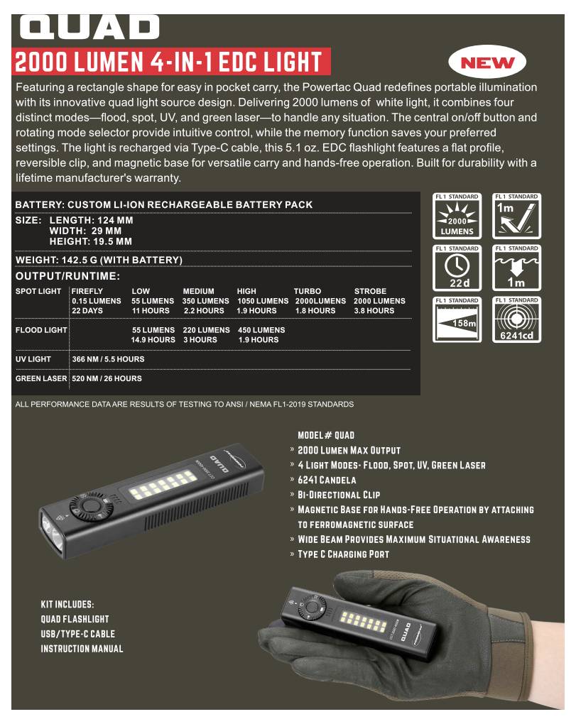 Powertac 815698016222 COB LED, Laser, LED, UV-LED Taschenlampe Grüner Laser, mit Gürtelclip, mit Stroboskopmodus, mit