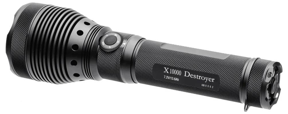 Taktische schwarze Taschenlampe mit der Bezeichnung „X1000 Destroyer