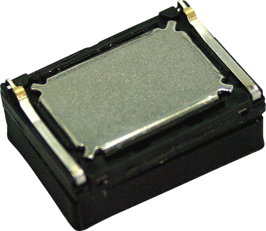 Nahaufnahme einer kleinen schwarzen elektronischen Komponente mit silberner Metalloberseite und goldenen Kontakten, wahrscheinlich ein oberflächenmontierter Sensor oder Chip.
