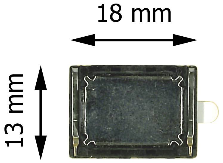 Diagramm einer kleinen rechteckigen Komponente mit einer Breite von 18 mm und einer Höhe von 13 mm, Vorderansicht dargestellt mit Bemessungspfeilen.