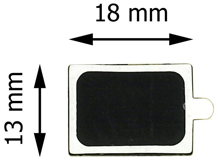 Diagramm einer rechteckigen Komponente mit einer Breite von 18 mm und einer Höhe von 13 mm, mit einer kleinen Seitenlasche auf der rechten Seite.