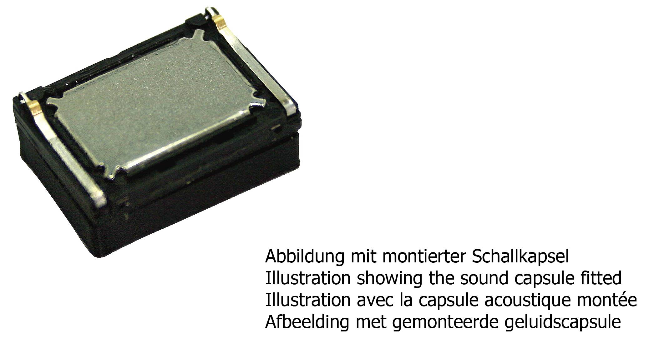 Elektronische Komponente mit angebrachter Soundkapsel, dargestellt in einer Produktabbildung.
