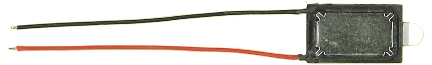 Ein kleines schwarzes rechteckiges elektronisches Modul mit zwei langen Anschlüssen, einem schwarzen und einem roten, die von der linken Seite herausragen.