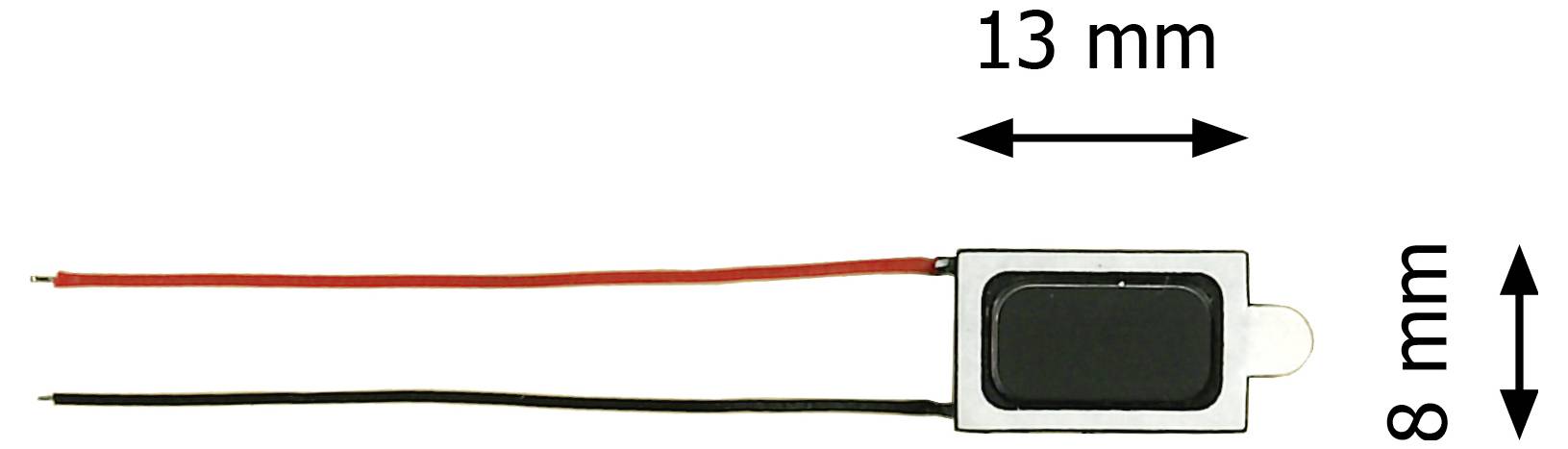 Kleiner rechteckiger Lautsprecher mit roten und schwarzen Drähten; gekennzeichnet 13 mm breit und 8 mm hoch.