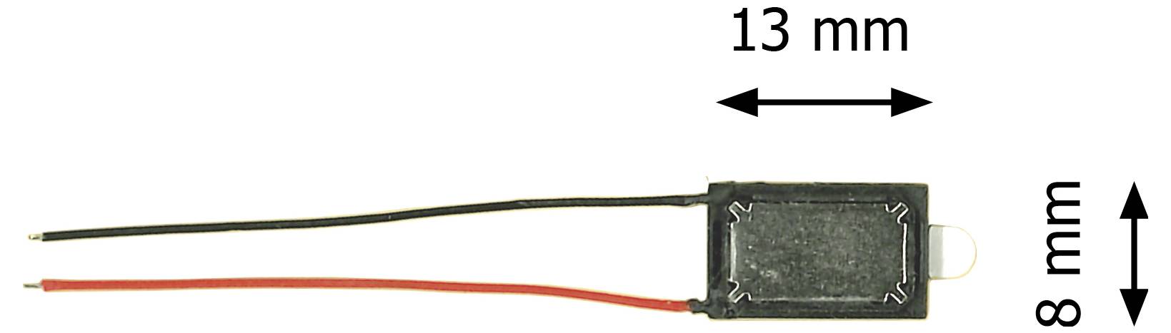 Kleine rechteckige Komponente mit roten und schwarzen Drähten; beschriftete Abmessungen zeigen 13 mm Breite und 8 mm Höhe.