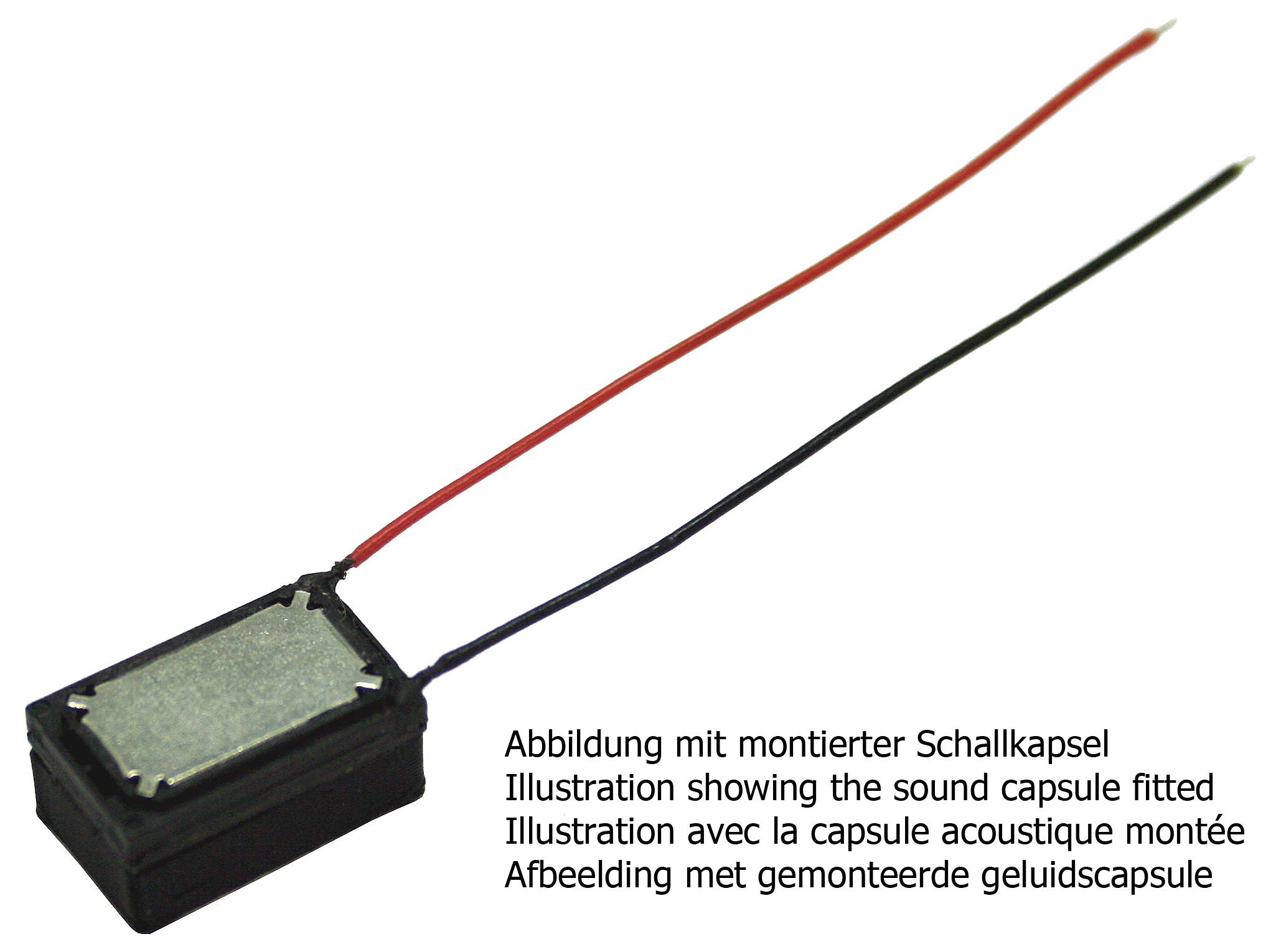 Illustration einer montierten Schallkapsel mit roten und schwarzen Drähten, die in mehreren Sprachen beschriftet sind.