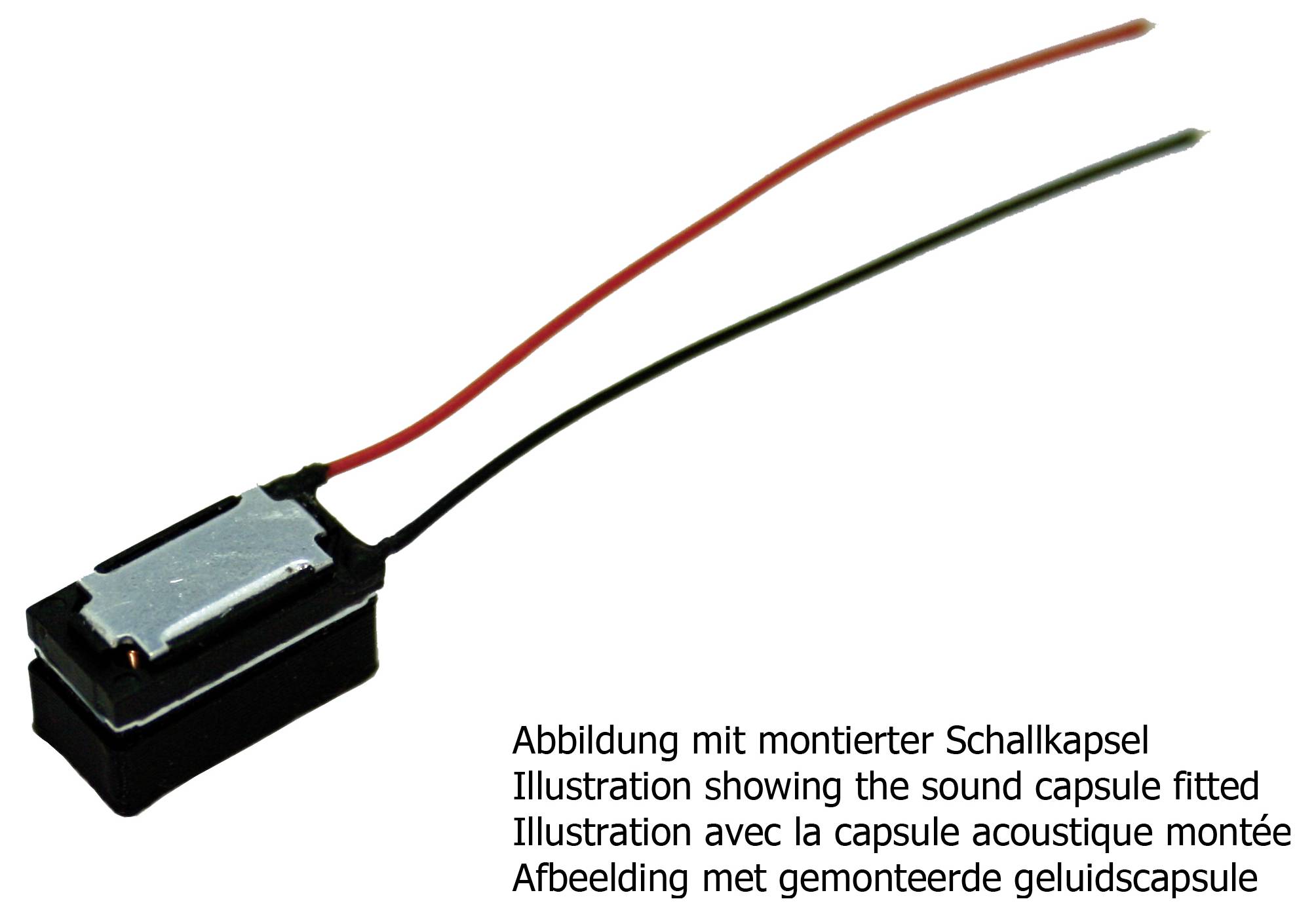 Kleine schwarze Schallkapsel mit rot und schwarz angebrachten Drähten, dargestellt als Produktillustration mit mehrsprachiger Beschriftung.