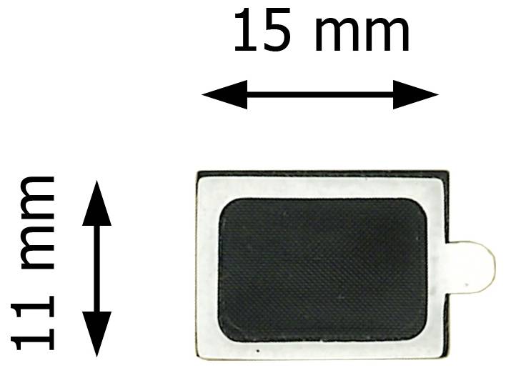 Illustration eines kleinen rechteckigen Pads mit einer Breite von 15 mm und einer Höhe von 11 mm, mit Pfeilen, die seine Abmessungen anzeigen.