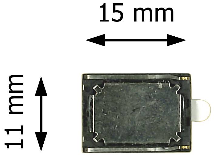 Diagramm einer kleinen rechteckigen Komponente mit einer Breite von 15 mm und einer Höhe von 11 mm, wobei die Abmessungen mit Pfeilen dargestellt sind.