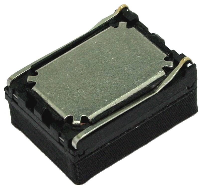 Kleine schwarze elektronische Komponente mit metallischer Abdeckung und Federklammern, dargestellt auf weißem Hintergrund.