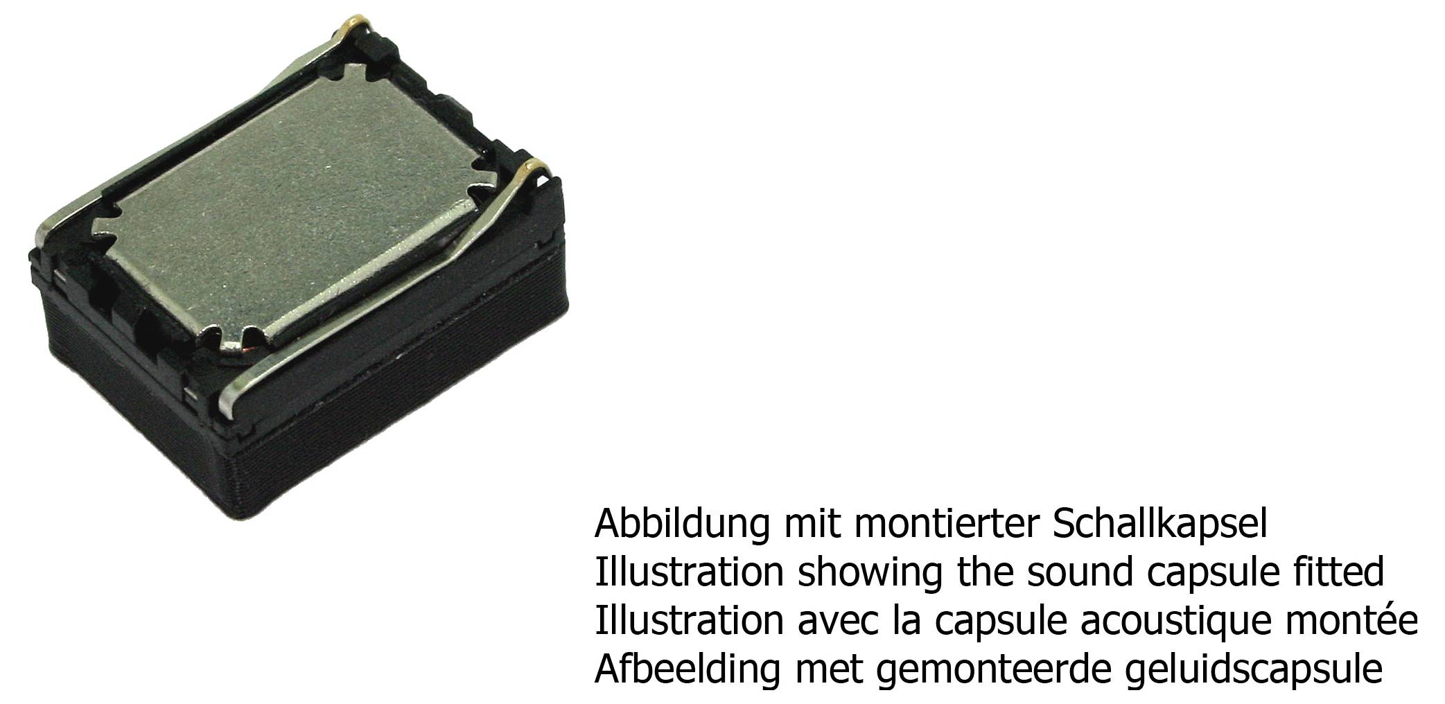 Schwarze Schallkapsel auf einem kleinen rechteckigen Gerät montiert, dargestellt in einer Illustration mit mehrsprachigen Beschriftungstexten.