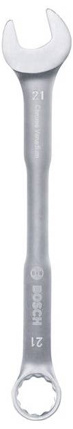 Ein silberner 21-mm-Kombischlüssel von Bosch, vertikal dargestellt, mit einem offenen Ende oben und einem Ringende unten.
