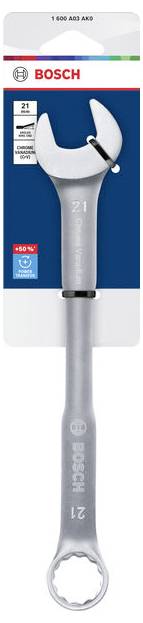 Bosch 21-mm-Chrom-Vanadium-Kombizange auf blauer Verpackung dargestellt, mit einer weißen Backenabbildung und Werkzeugdetails.