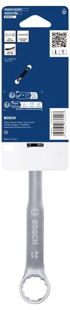 Bosch Handwerkzeug-Paket mit einem 21-mm-Ringschlüssel; blau-weiße Hängekarte mit Produktdetails, QR-Code und Barcode.
