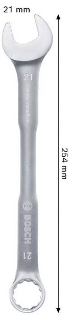 Ein 21-mm-Kombinationsschlüssel von Bosch, vertikal dargestellt, mit einem offenen Ende oben und einem Ringende unten, mit einer Länge von 254 mm gekennzeichnet.