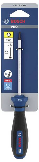 Bosch Pro T15 Schraubendreher in blau-schwarzer Verpackung, gekennzeichnet mit TX15 und S2, mit ergonomischem Komfort-Präzisions-Griff und T15 Bit.