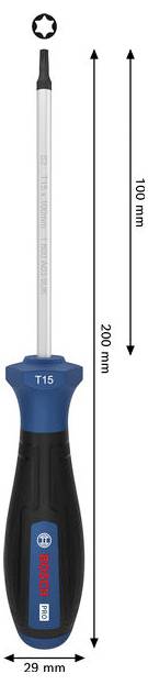 Bosch T15 Schraubendreher-Bithalter, 200 mm lang und 29 mm breit, mit 100 mm Klingenlänge, gekennzeichnet durch Maßpfeile.