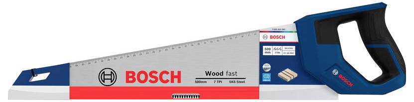 Bosch Holzsäge mit blauweißem Griff, gekennzeichnet für schnelles Holzschneiden.