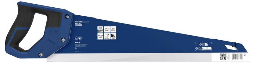 Blau-silberne Handsäge mit schwarzem Griff, in Seitenansicht auf weißem Hintergrund dargestellt, mit Produktetiketten und einem Barcode in der Nähe des Blattenendes.