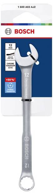 Bosch 12-mm-Gabelschlüssel aus Chrom-Vanadium in Einzelhandelverpackung, zeigt die Vorderseite und Rückseite des Schlüssels.