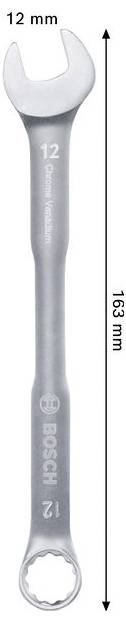 Ein Bosch 12-mm-Kombinationsschlüssel, vertikal dargestellt, mit einer durch Pfeile und Beschriftungen angegebenen Länge von 163 mm.