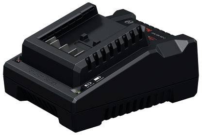 Schwarzes Batteriladegerät mit Steckplätzen und Anzeigelichtern, dargestellt auf weißem Hintergrund.