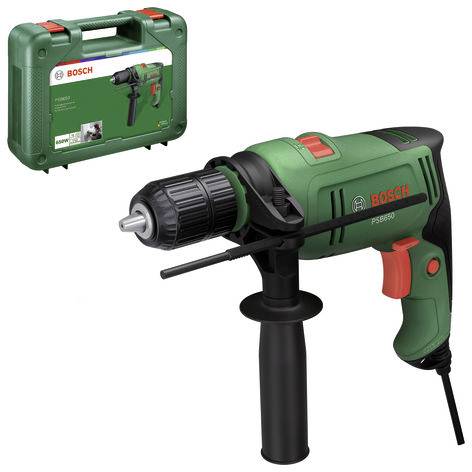 Bosch kabelgebundener Bohrhammer mit Seitengiff und Transportkoffer auf weißem Hintergrund.