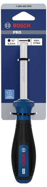 Bosch PRO Schraubendreher mit blau-schwarzem Griff, auf einer Einzelhandelskarte mit Aufhänger, gekennzeichnet für 6,3 mm und max. 21 Nm Drehmoment.