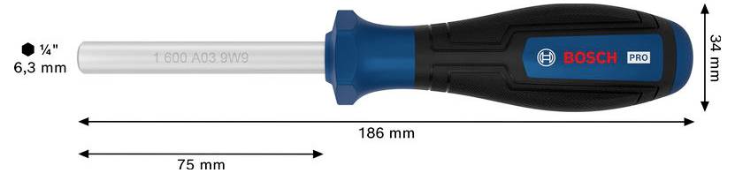 Bosch PRO Schraubendreher mit einem 186 mm Griff und 75 mm Klinge, dargestellt mit Größenmarkierungen für ein 3/8 Zoll Werkzeug und 34 mm Griffbreite.
