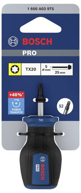Bosch Pro TX20 Schraubendreher-Set Verpackung mit T20-Bit in den Größen 5 mm und 25 mm, Leistungsübertragungs- und S2-Symbolen sowie Kennzeichnung "+40%".