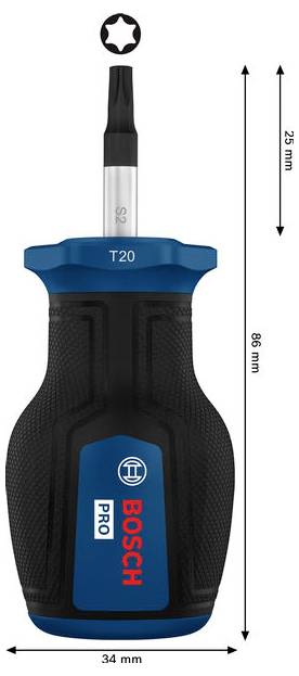 BOSCH Pro T20 Schraubendreher mit Torx-Bit, dargestellt mit Abmessungen: 86 mm Gesamtlänge, 34 mm Griffbreite, 25 mm Bitlänge.