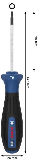 Bosch T9 Schraubendreher mit blau-schwarzem Griff, gezeigt mit den Abmessungen 147 mm lang und 24 mm breit.