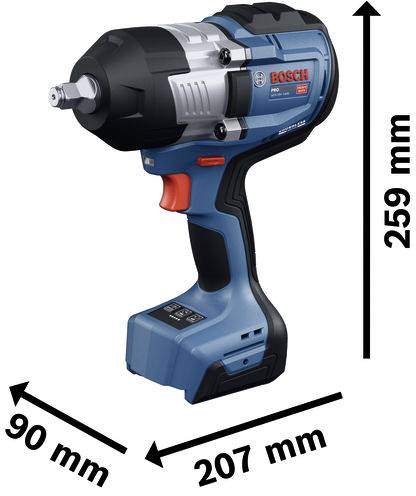 Bosch Akku-Schlagschrauber mit Abmessungen: 259 mm Höhe, 207 mm Länge und 90 mm Breite.