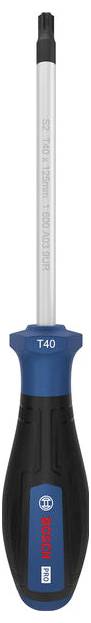 Ein Bosch T40 Torx-Schraubendreher mit schwarzem Griff, blauem Kragen und langem silbernem Schaft, vertikal auf einfachem weißem Hintergrund dargestellt.