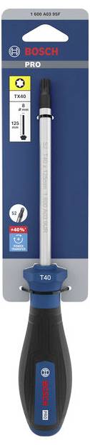Bosch PRO T40 Schraubendreher auf blau-grauer Verpackung, mit einer Hängekarte und angezeigtem Bit-Größenetikett.