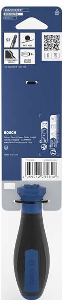 Bosch Handwerkzeugpaket mit QR-Code, Funktionssymbolen und blauschwarzer Schraubendreher- oder Inspektionszange, die unter der Verpackung abgebildet ist.