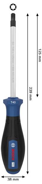 Ein Bosch T40 Schraubendreher-Aufsatzwerkzeug, gekennzeichnet mit 233 mm Länge und 38 mm Breite, mit einer 125 mm Bitschaftlänge und schwarzblauem Griff.