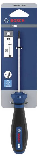 Bosch PRO H3 Schraubendreher auf blau-weißer Einzelhandelverpackung angezeigt, mit Produktdiagramm und sichtbarem Griff.