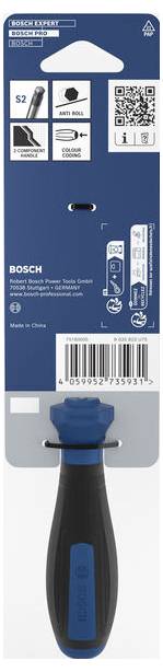 Paket eines Bosch-Lochsägewerkzeugs mit schwarzem und blauem Griff, das unterhalb der Produktkarte abgebildet ist.