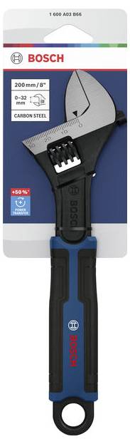 Bosch verstellbarer Schraubenschlüssel in Einzelhandelverpackung, gekennzeichnet mit 200 mm/8", 0-32 mm Backen, Kohlenstoffstahl, mit schwarz-blauem Griff.