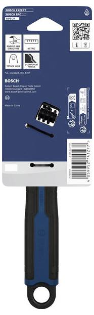 Bosch-Handwerkzeugpaket auf einer blau-weißen Karte, mit schwarzem und blauem Griff mit Aufhängeschleife, sowie QR-Code, Symbolen und Barcode.