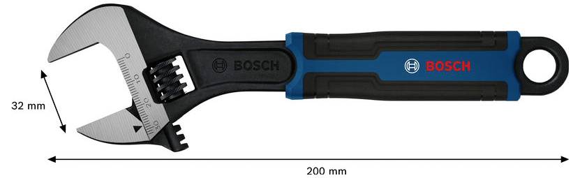 BOSCH Verstellbarer Schraubenschlüssel mit offenen Backen dargestellt; Abmessungen mit 32 mm Backenbreite und 200 mm Gesamtlänge beschriftet.