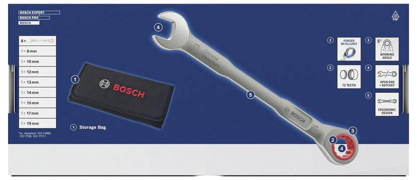 Bosch Professional 1600A03AG5 1600A03AG5 Ratschen-Ring-Maulschlüssel 8teilig